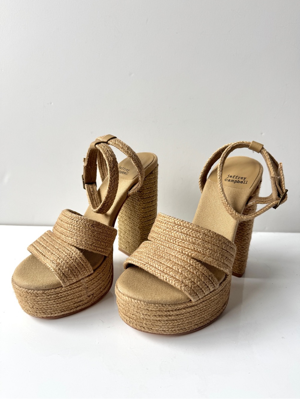 Jeffrey Campbell Yawl Natural Raffia Braided Platform Chunky Heel Sandals Sz 6.5